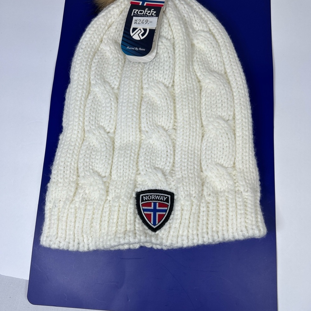 ROKK Norway cream color beanie brown Pom top NWT